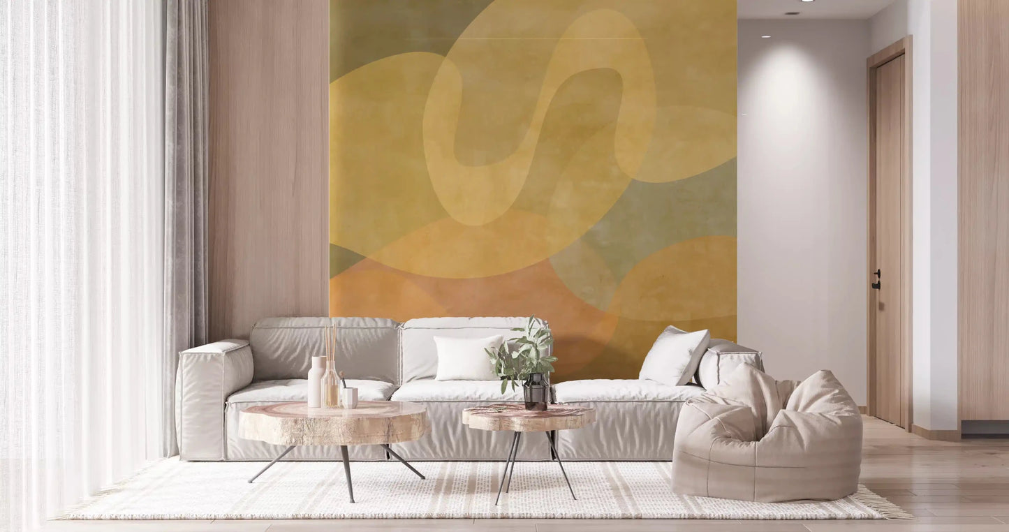 Golden Ochre Organic Flow mural with organic shapes and muted texture