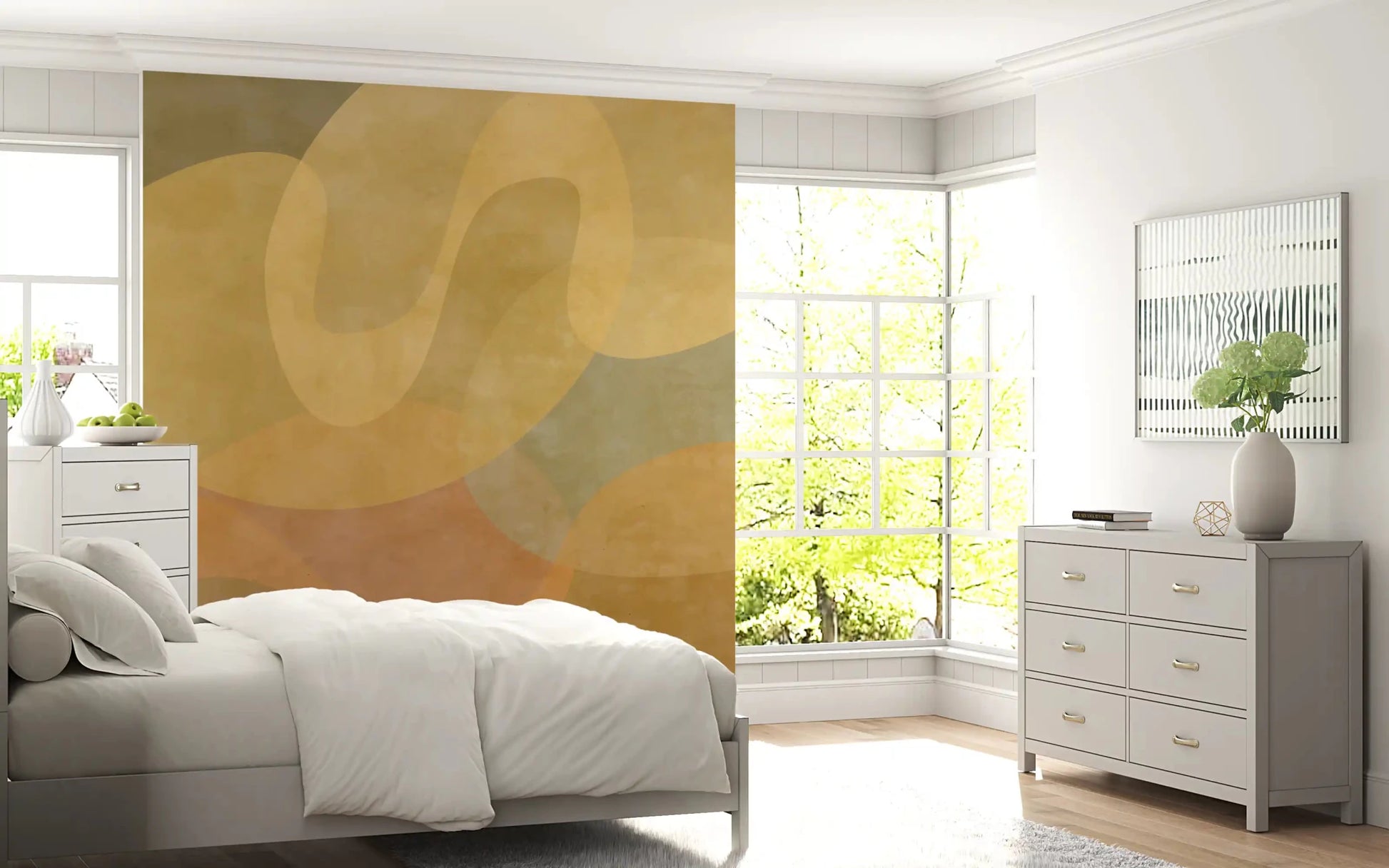 Warm beige surface with Golden Ochre Organic Flow wall mural detail