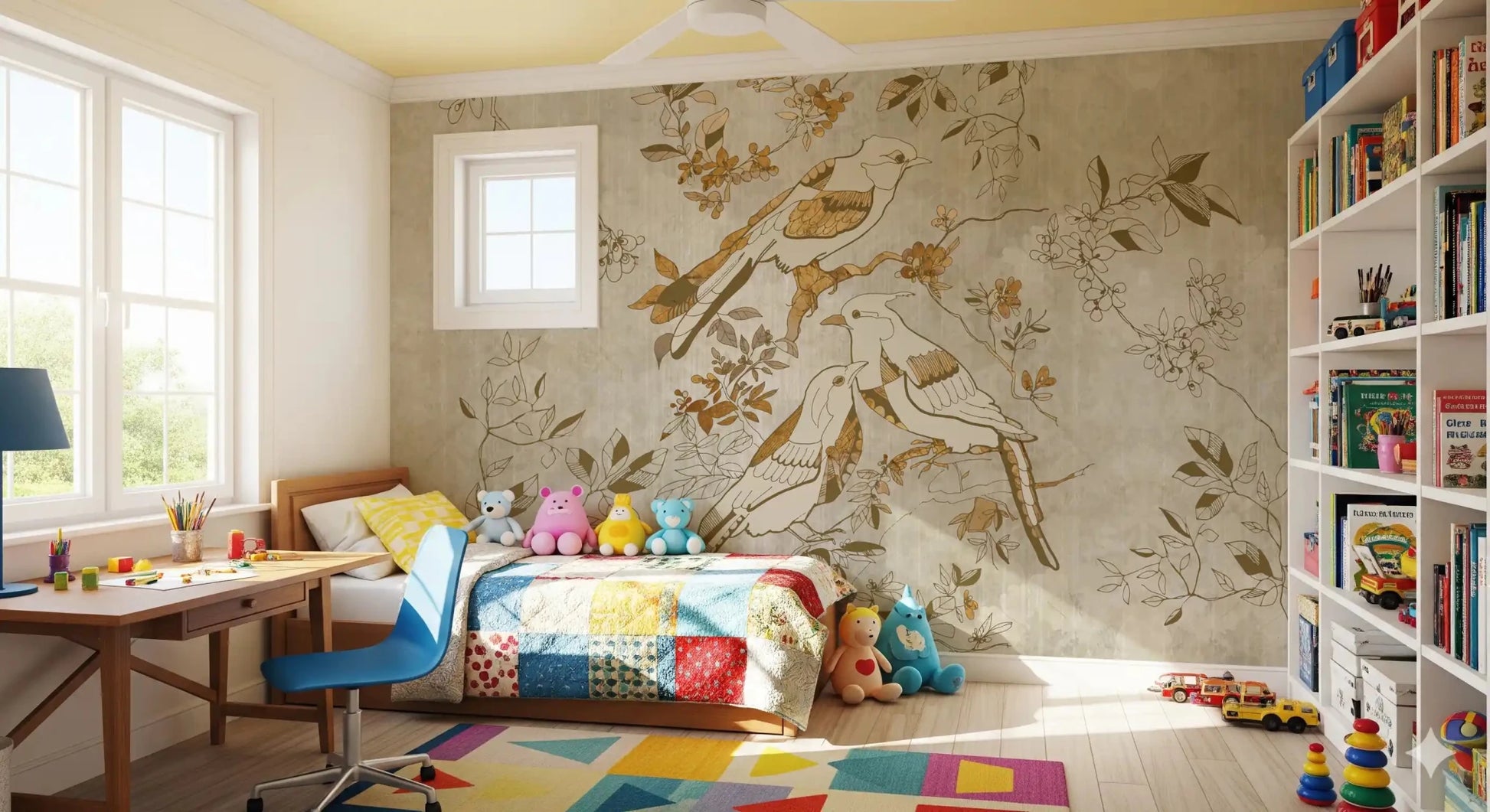 Golden Orchard Bird wall mural with perched birds and warm botanical branches
