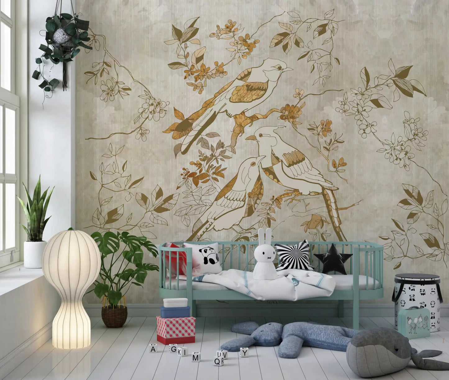 Hallway featuring Golden Orchard Bird wall mural on a light vintage base