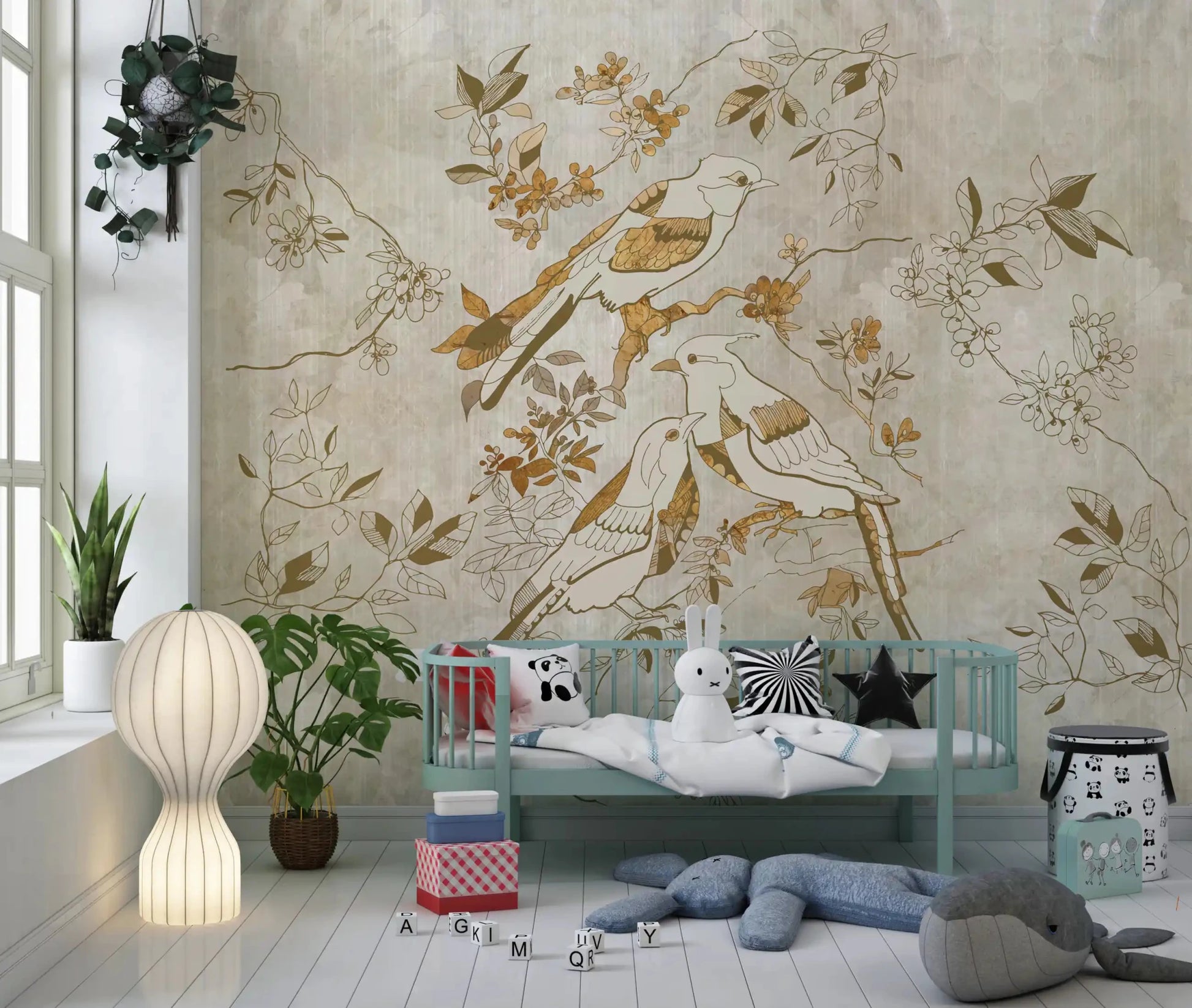 Hallway featuring Golden Orchard Bird wall mural on a light vintage base