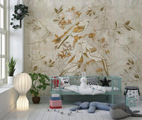 Hallway featuring Golden Orchard Bird wall mural on a light vintage base