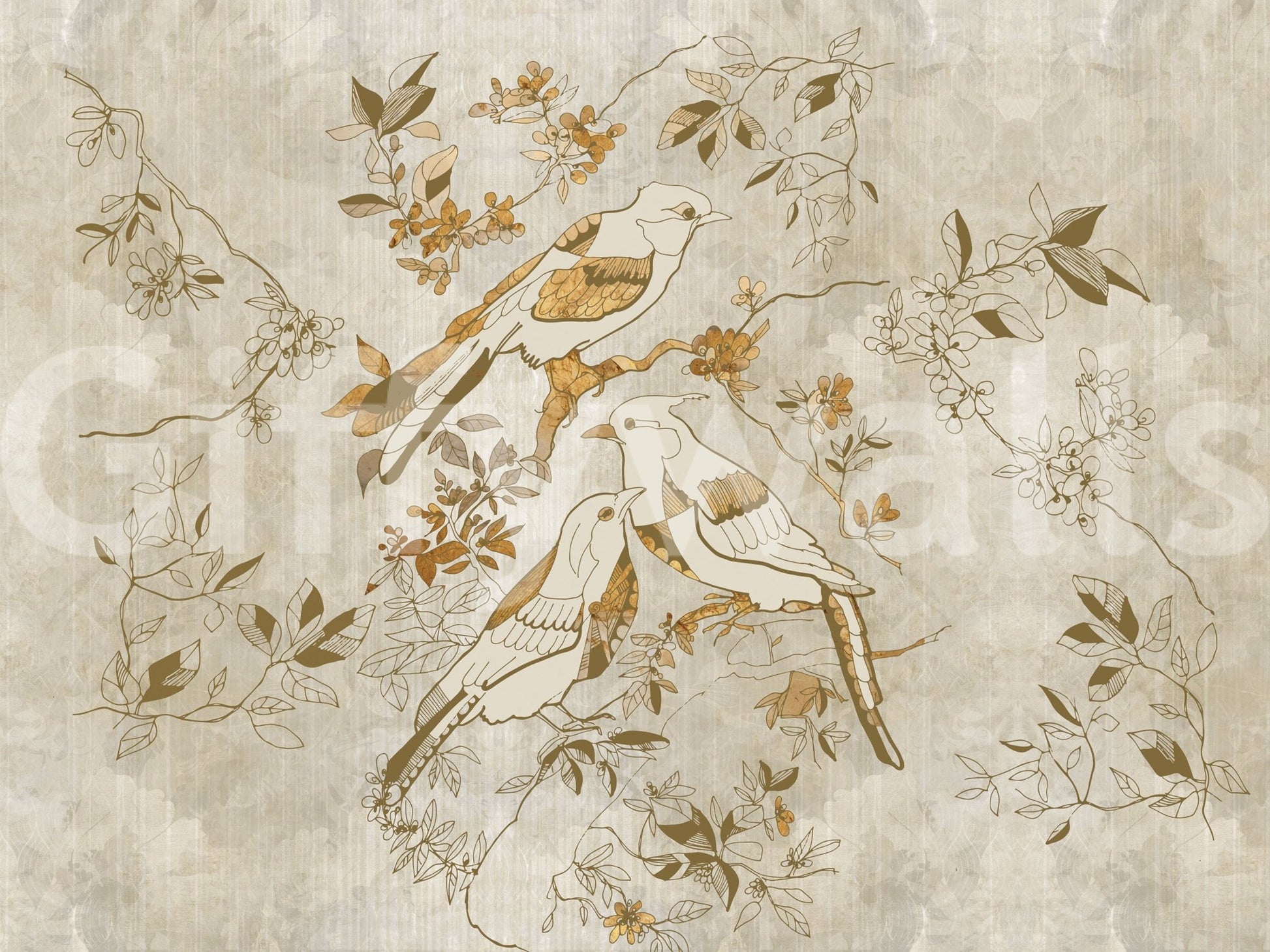 Soft aged texture defines Golden Orchard Bird wall mural with gentle contrast
