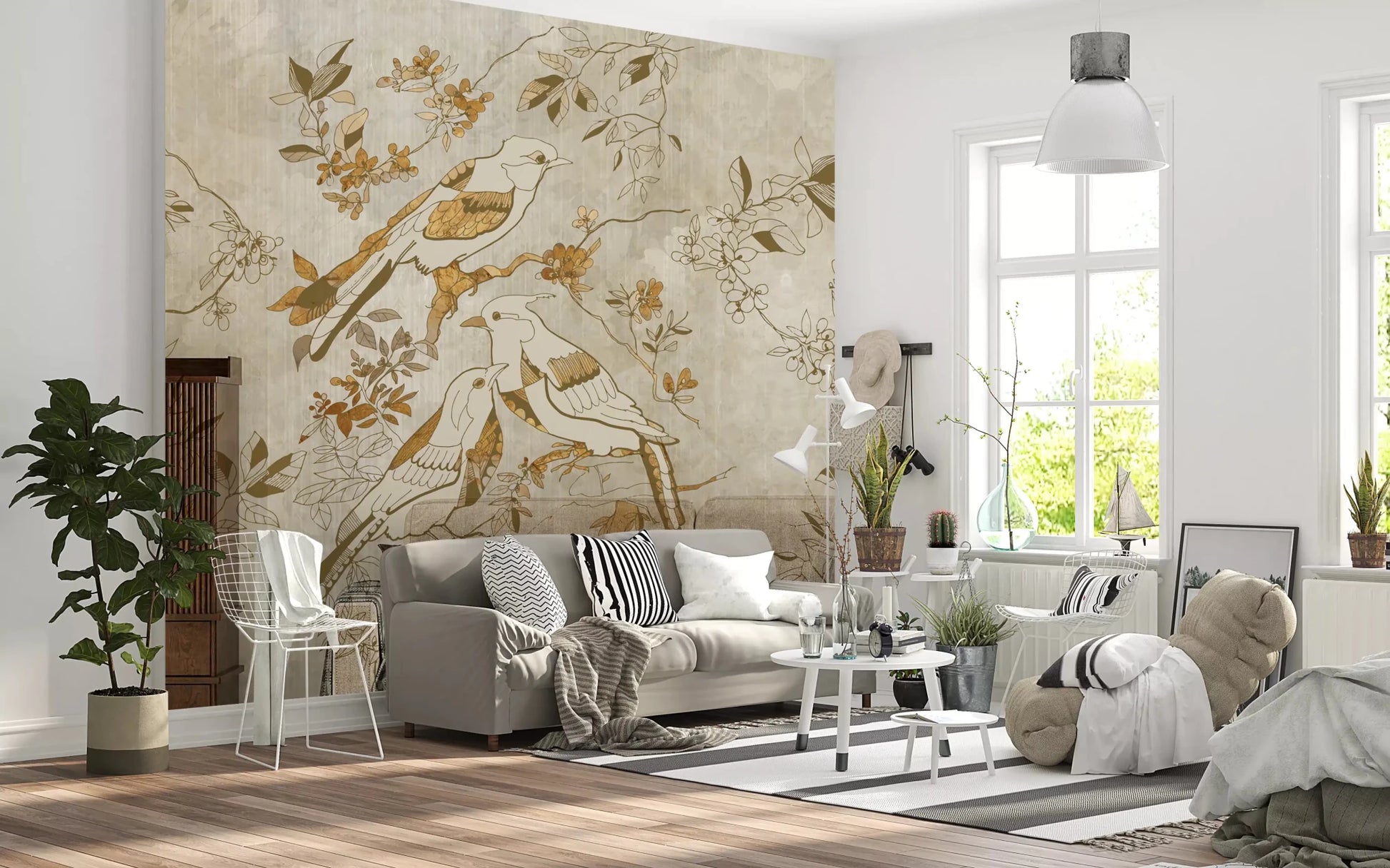 Living room with Golden Orchard Bird wall mural and soft golden branch detail