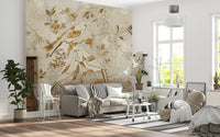 Living room with Golden Orchard Bird wall mural and soft golden branch detail