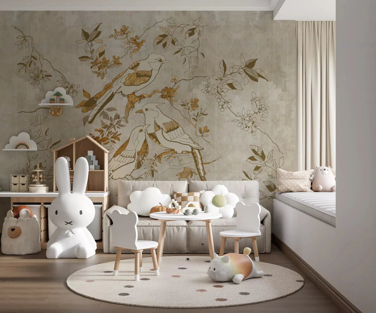 Golden Orchard Bird wall mural with airy branchwork and muted scenic depth