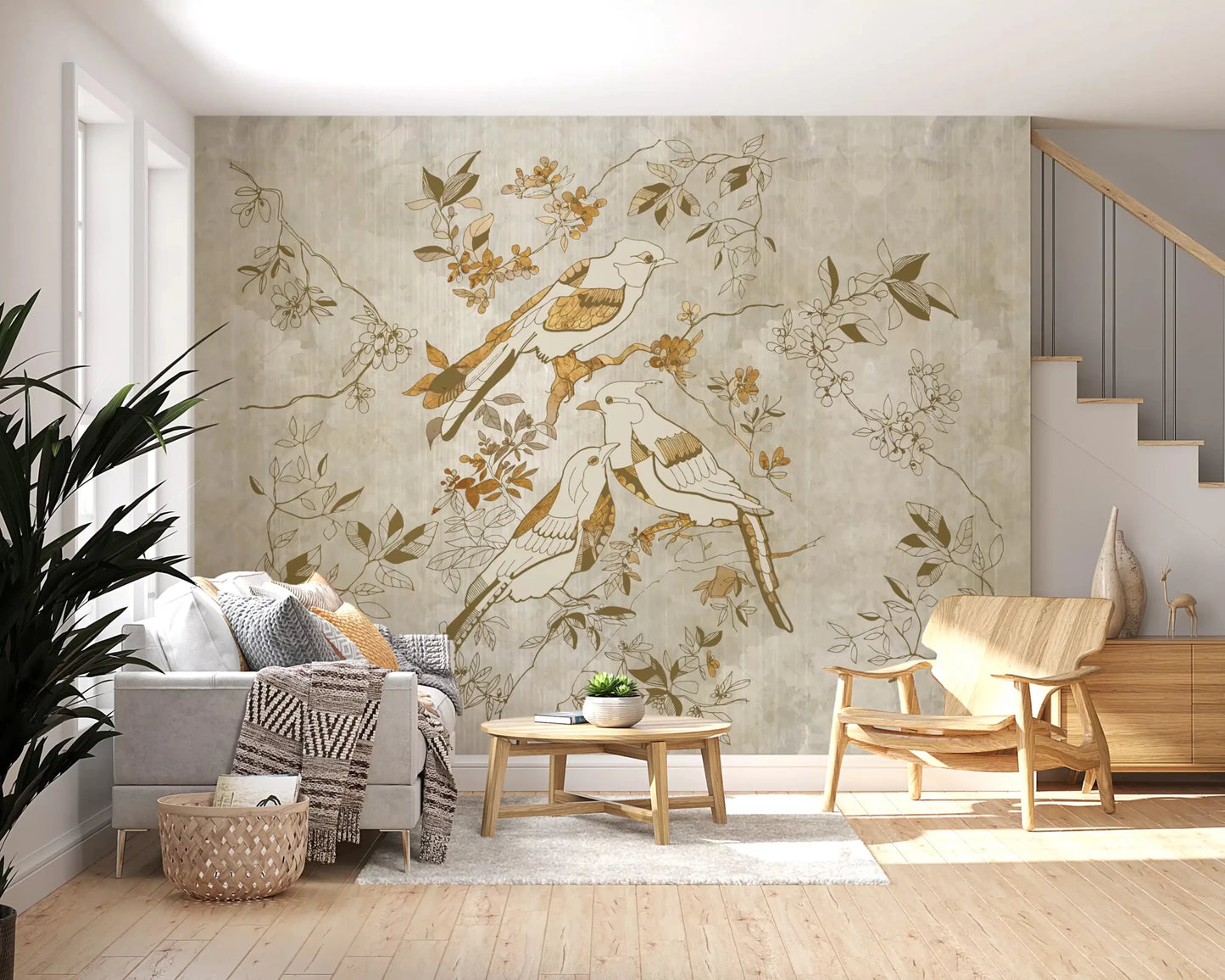 Pale vintage surface showing Golden Orchard Bird wall mural in soft neutrals