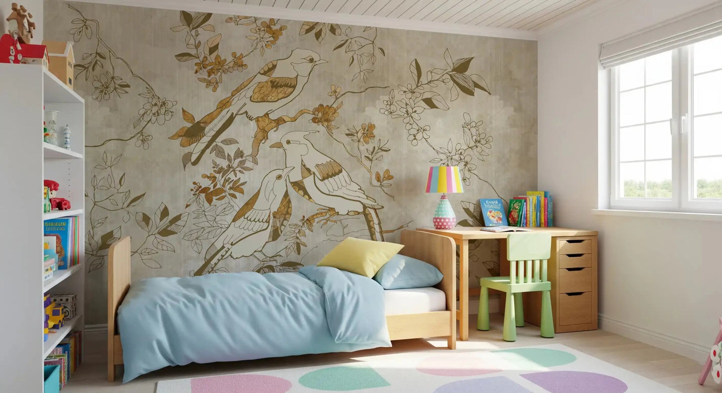 Bedroom styled in Golden Orchard Bird wall mural with birds and pale florals