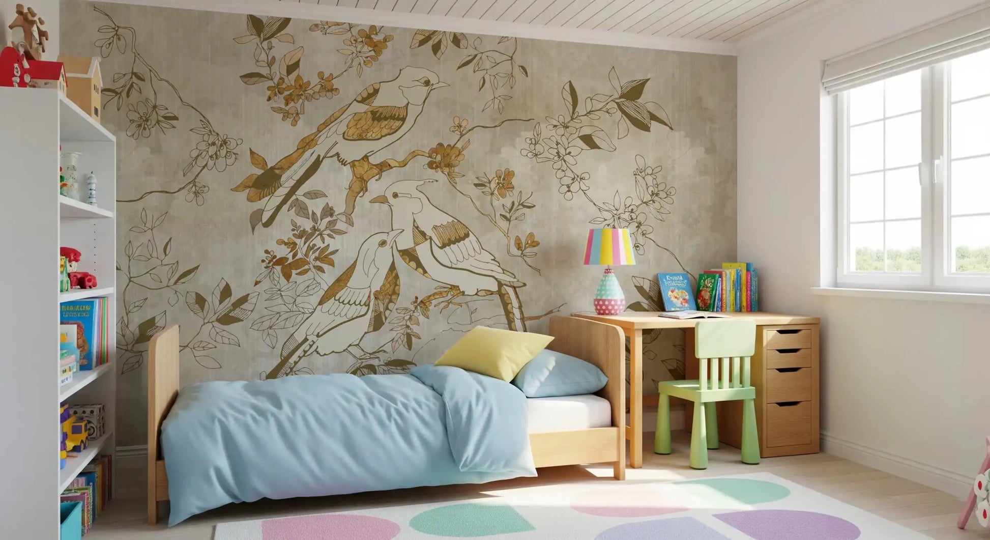Bedroom styled in Golden Orchard Bird wall mural with birds and pale florals