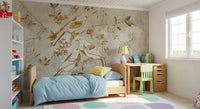 Bedroom styled in Golden Orchard Bird wall mural with birds and pale florals