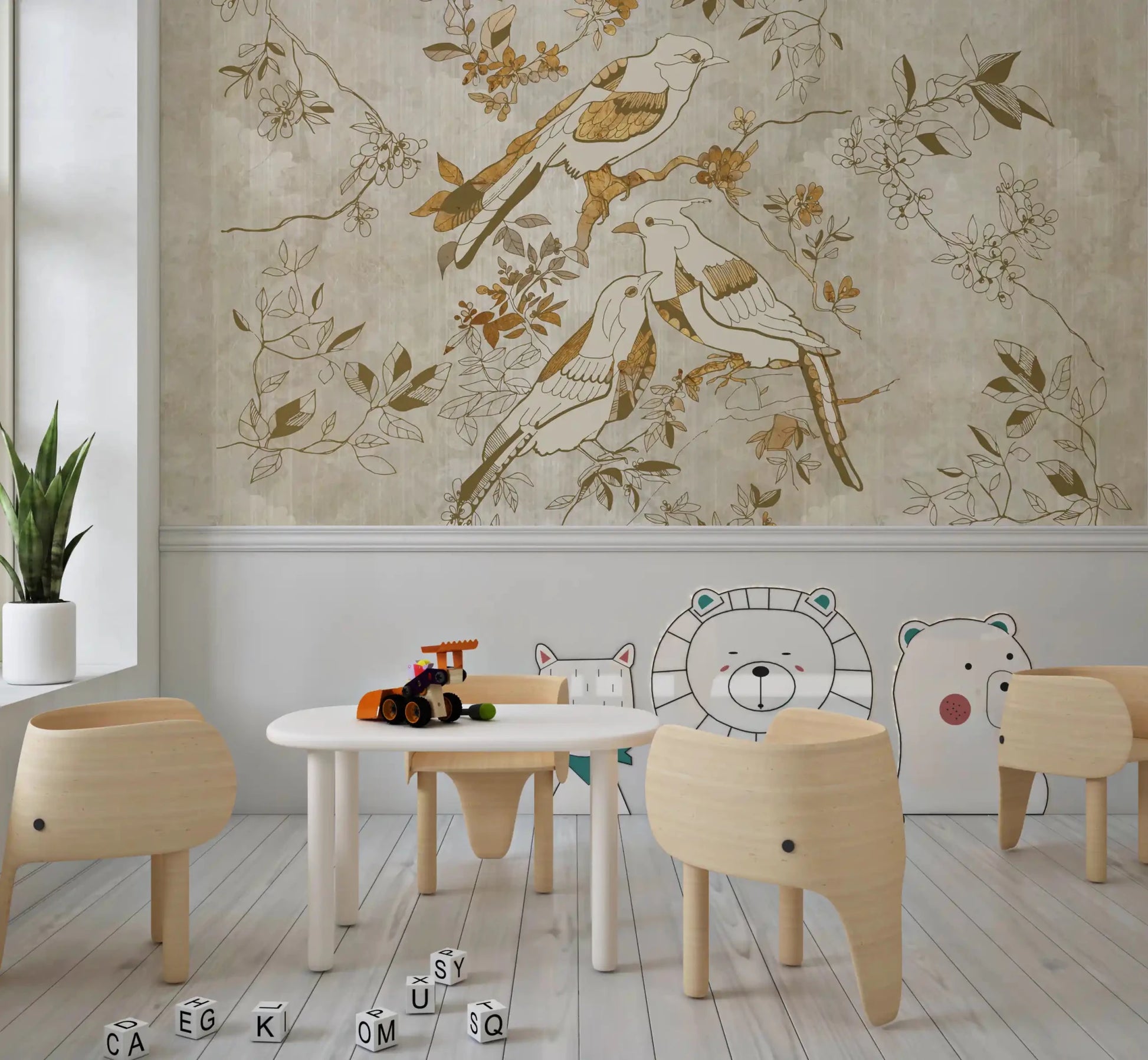 Play area wall with Golden Orchard Bird wall mural and delicate scenic artwork