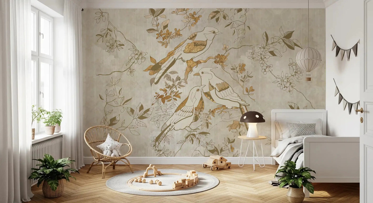 Decorative bird scene in Golden Orchard Bird wall mural with golden foliage