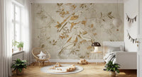 Decorative bird scene in Golden Orchard Bird wall mural with golden foliage