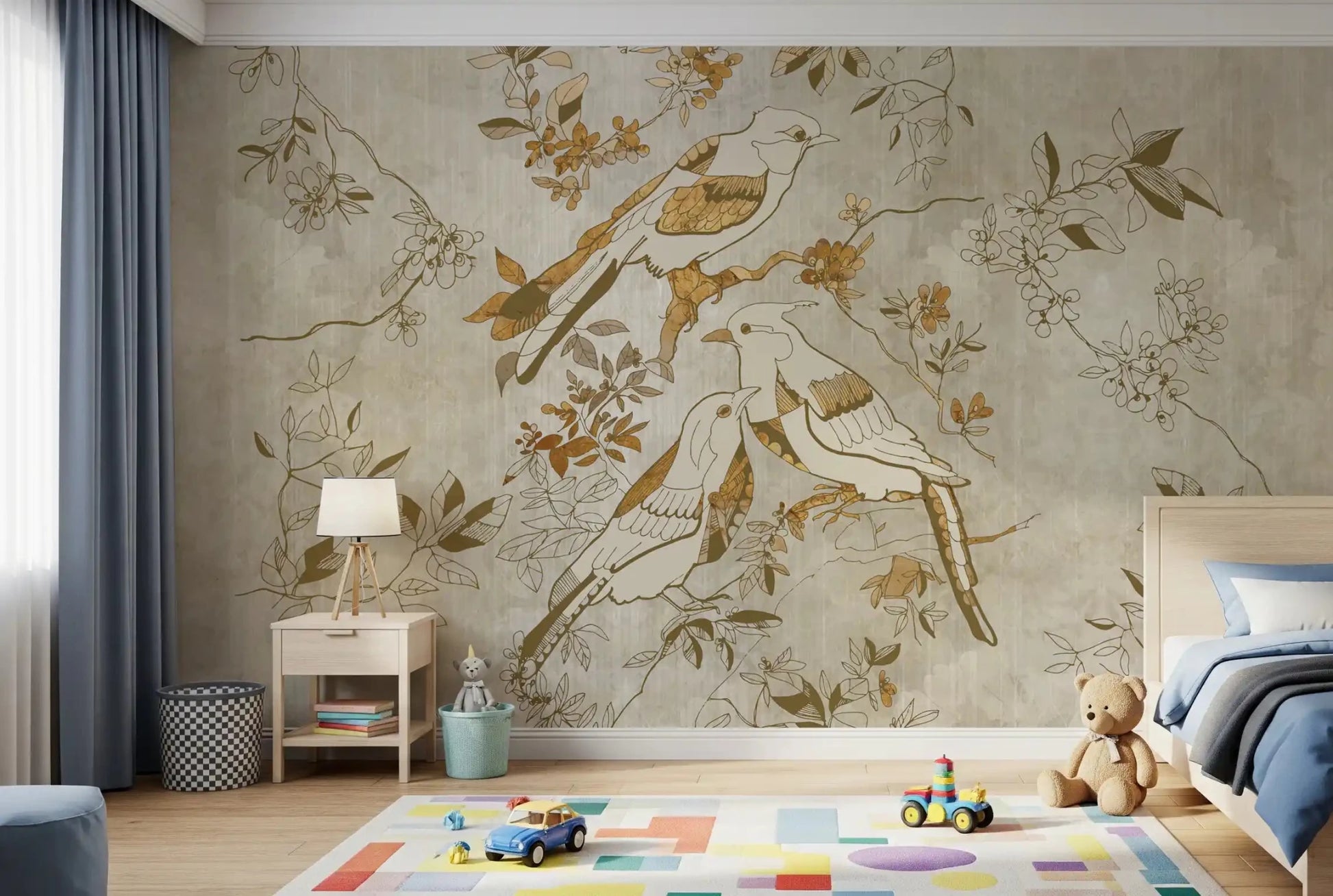 Classic botanical styling shapes Golden Orchard Bird wall mural beautifully
