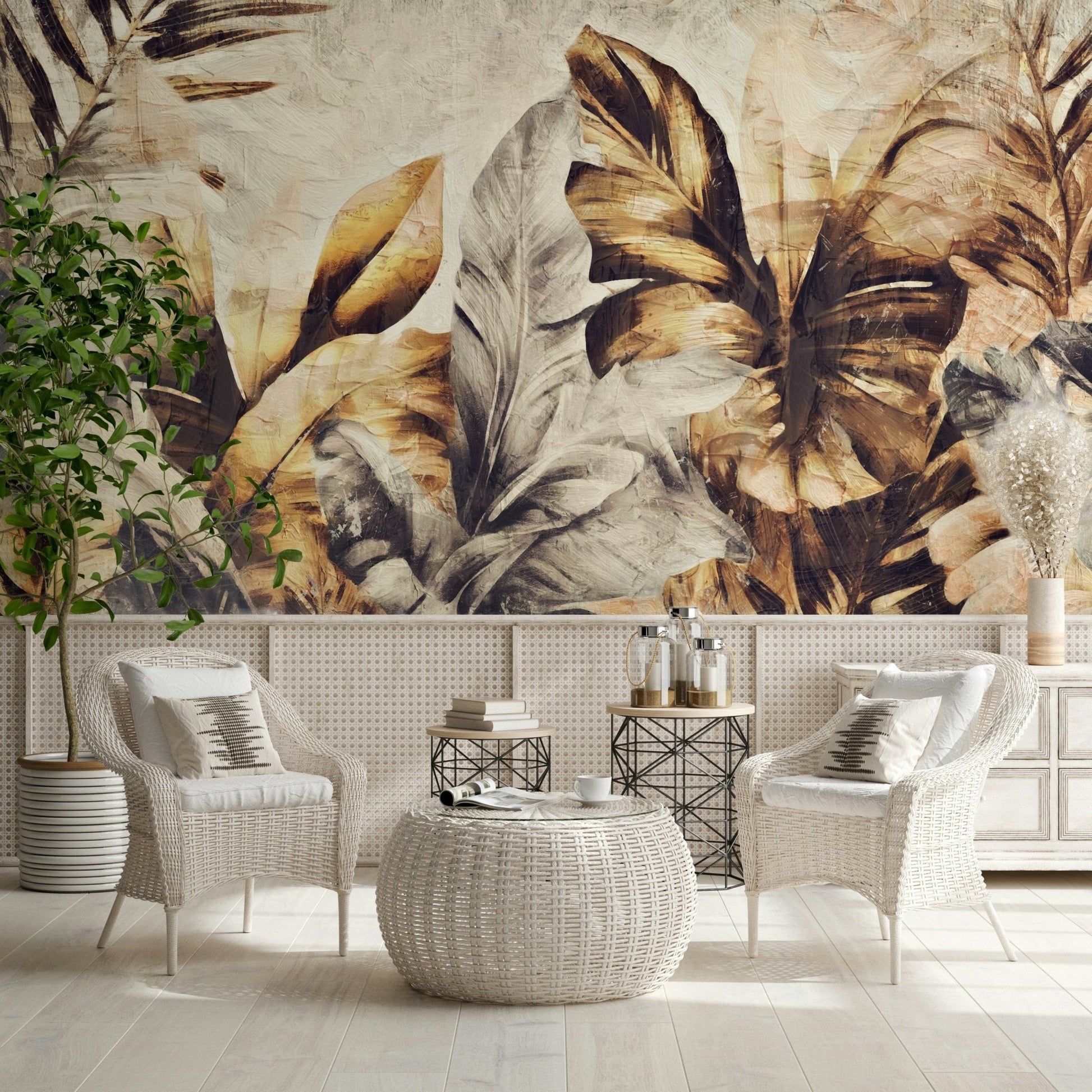 An artistic abstract foliage mural on luxury wallpaper.