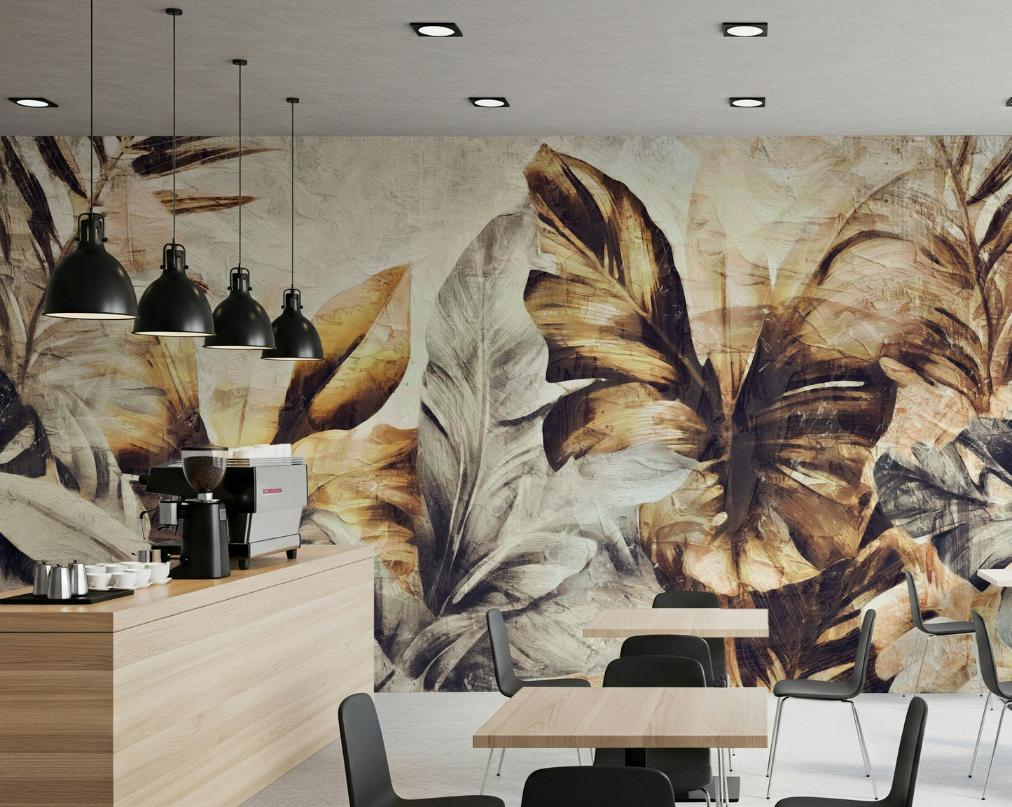 A peaceful modern abstract mural on decorative wallpaper.