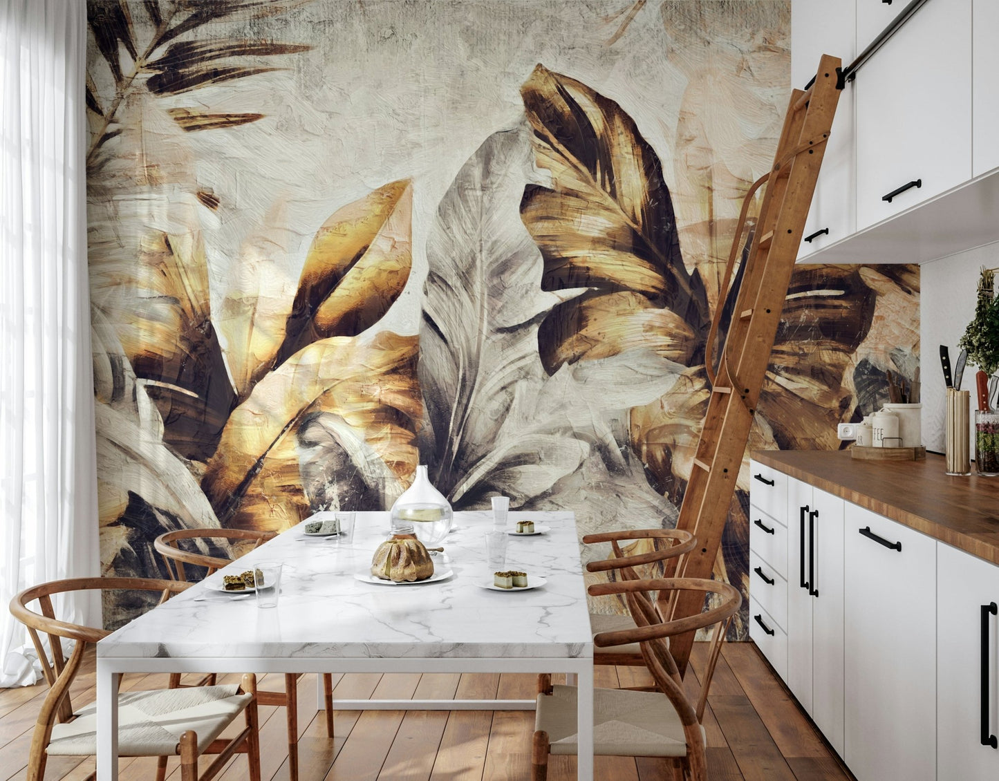 A tranquil abstract plant mural on the wallpaper.