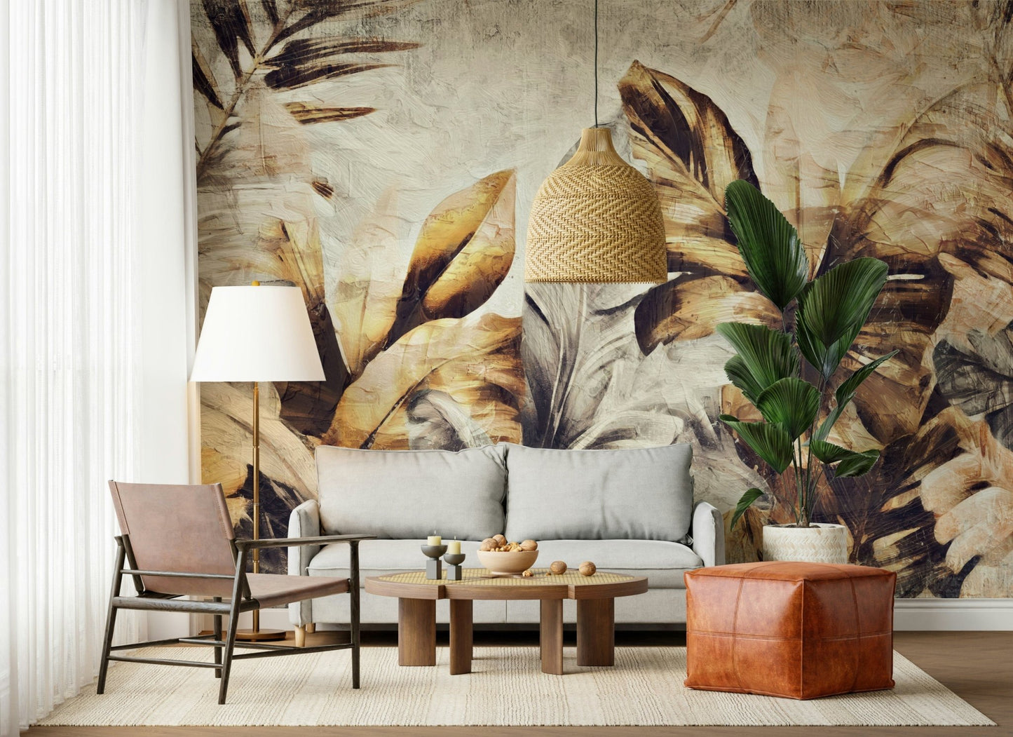 A serene tropical pattern wall mural for opulent decor.