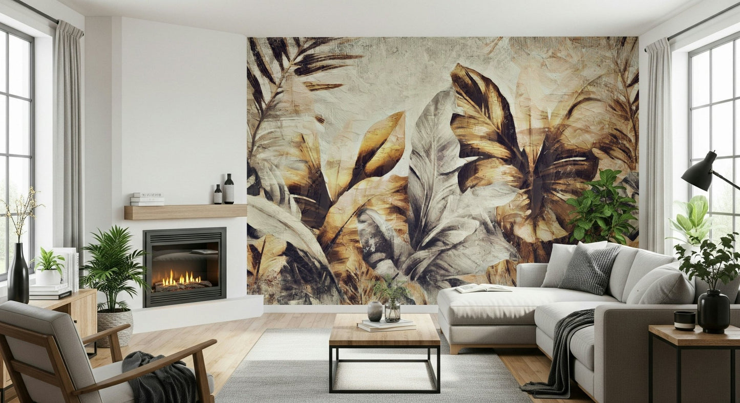 A graceful subtle palm wall mural in rich, golden tones.