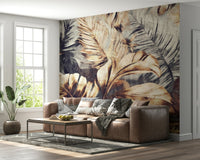 A peaceful palm design mural on decorative wallpaper.