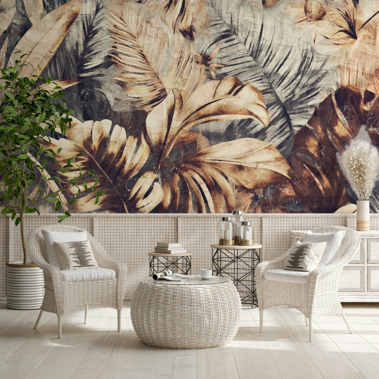 A beautiful golden palm leaf wallpaper mural with a subtle texture.