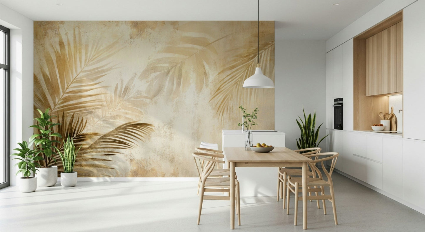 Rich Golden Palms Wall Mural, shadowy frond patterns.