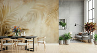 Statement Golden Palms wallpaper mural, exotic leaves.