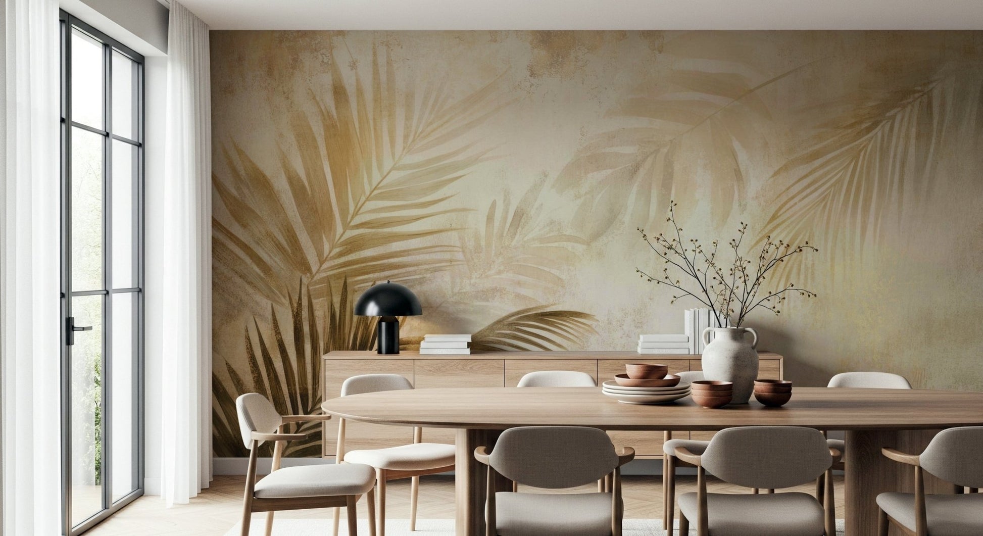 Artistic Golden Palms Wall Mural, soft gold leaf design.