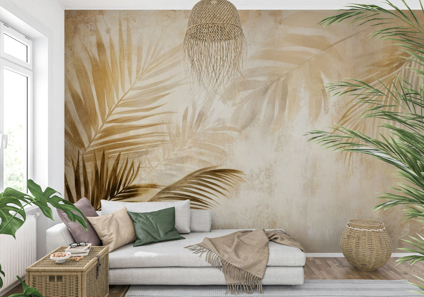 Luxurious Golden Palms Wall Mural, textured background.