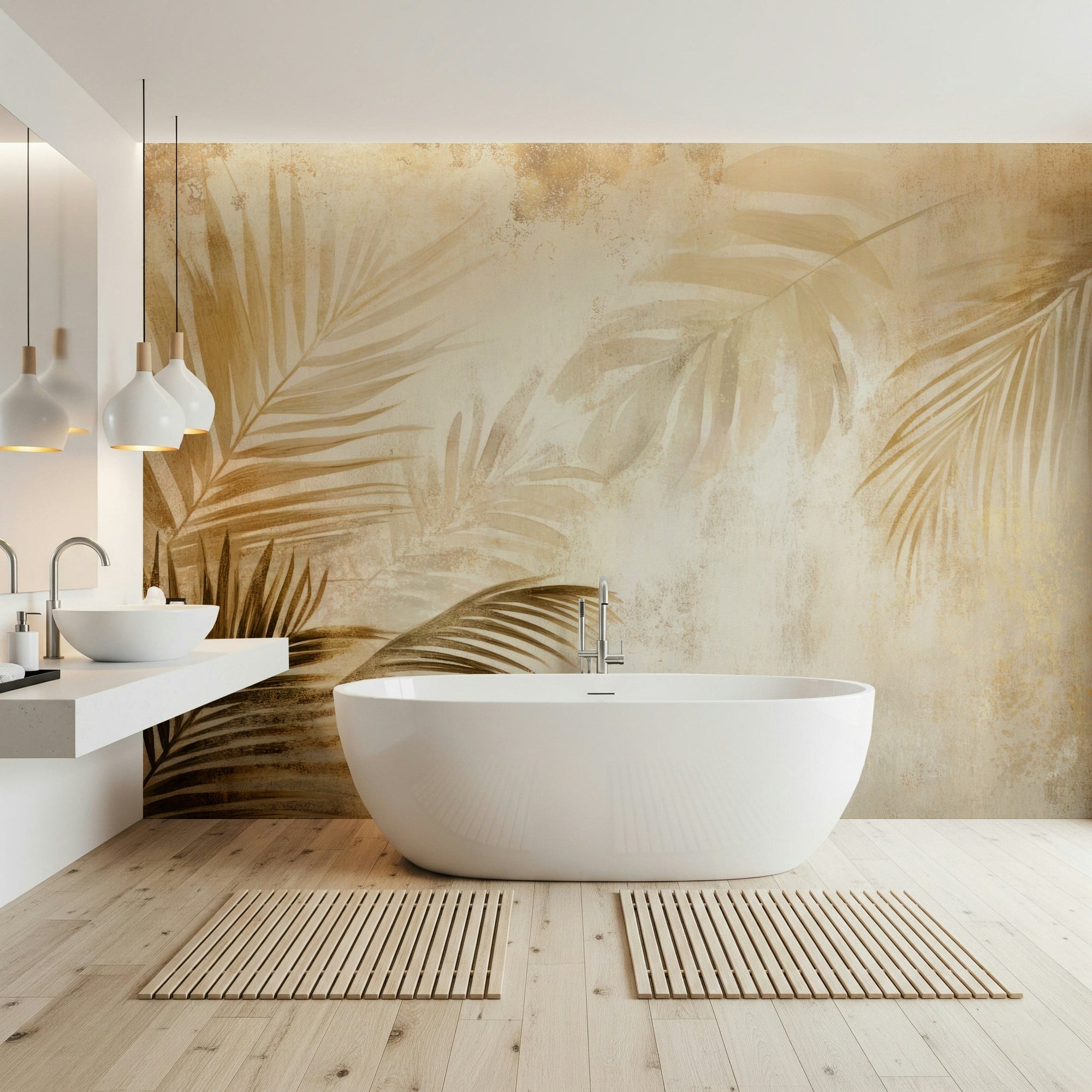 Golden Palms Wall Mural, warm metallic palm leaves., GD6495