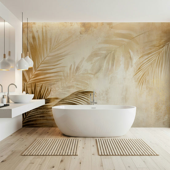 Golden Palms Wall Mural, warm metallic palm leaves., GD6495