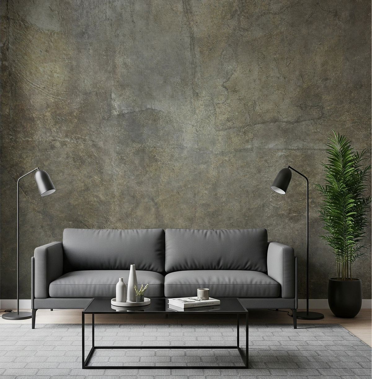 Living room styled with Golden Paper Collage wall mural and modern grey sofa setup, GD8318