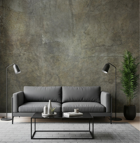 Living room styled with Golden Paper Collage wall mural and modern grey sofa setup, GD8318