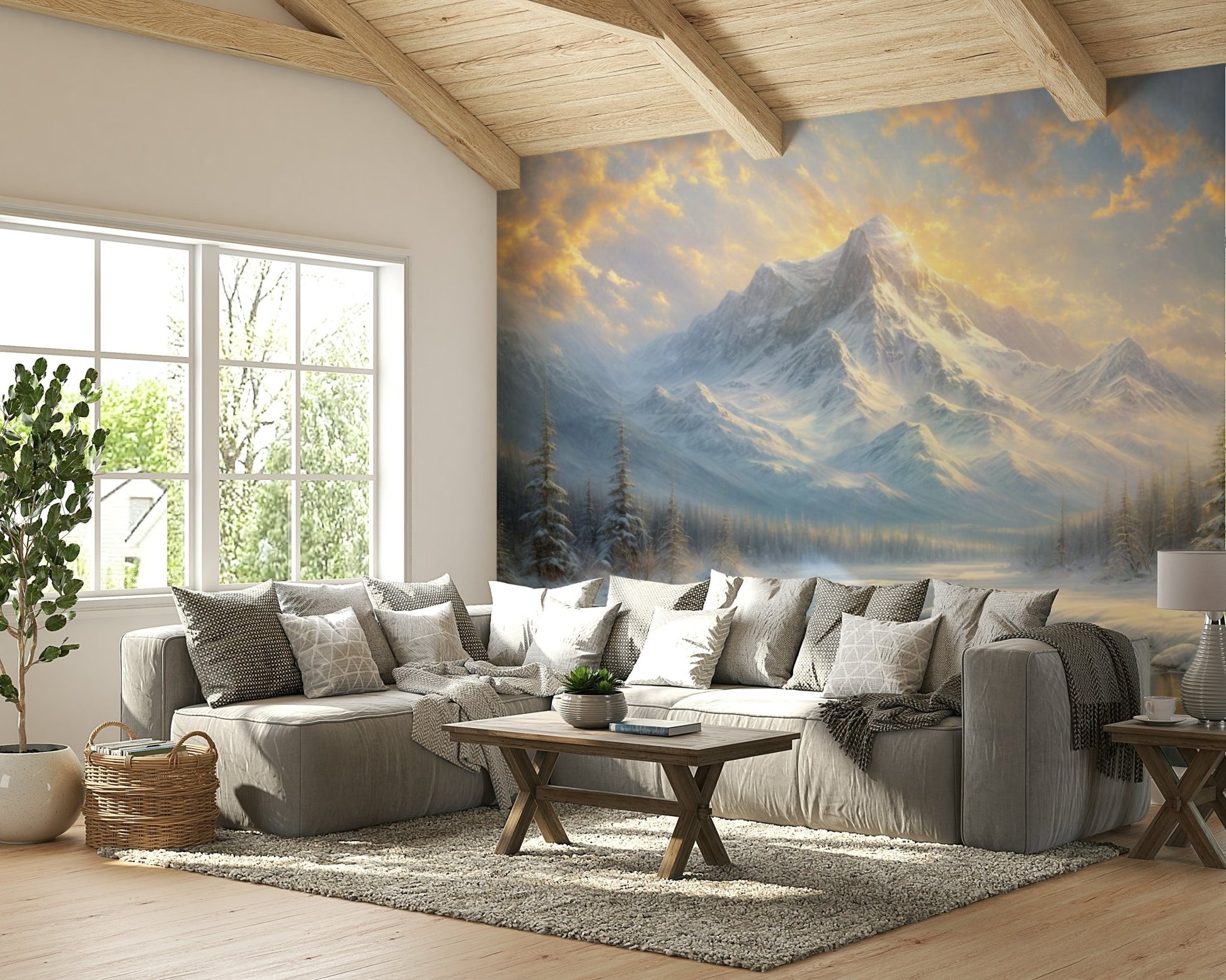 A peaceful wall mural with an elegant mountain landscape.


