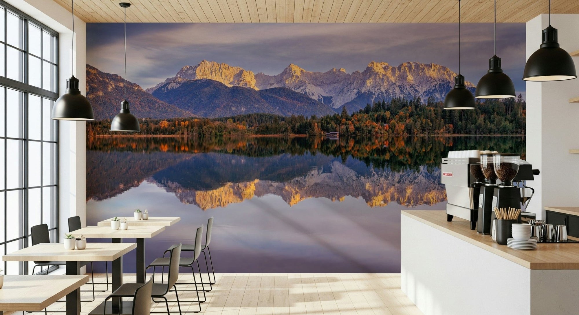 A beautiful panoramic mountain wallpaper mural with golden peaks and a clear water reflection., GD5791