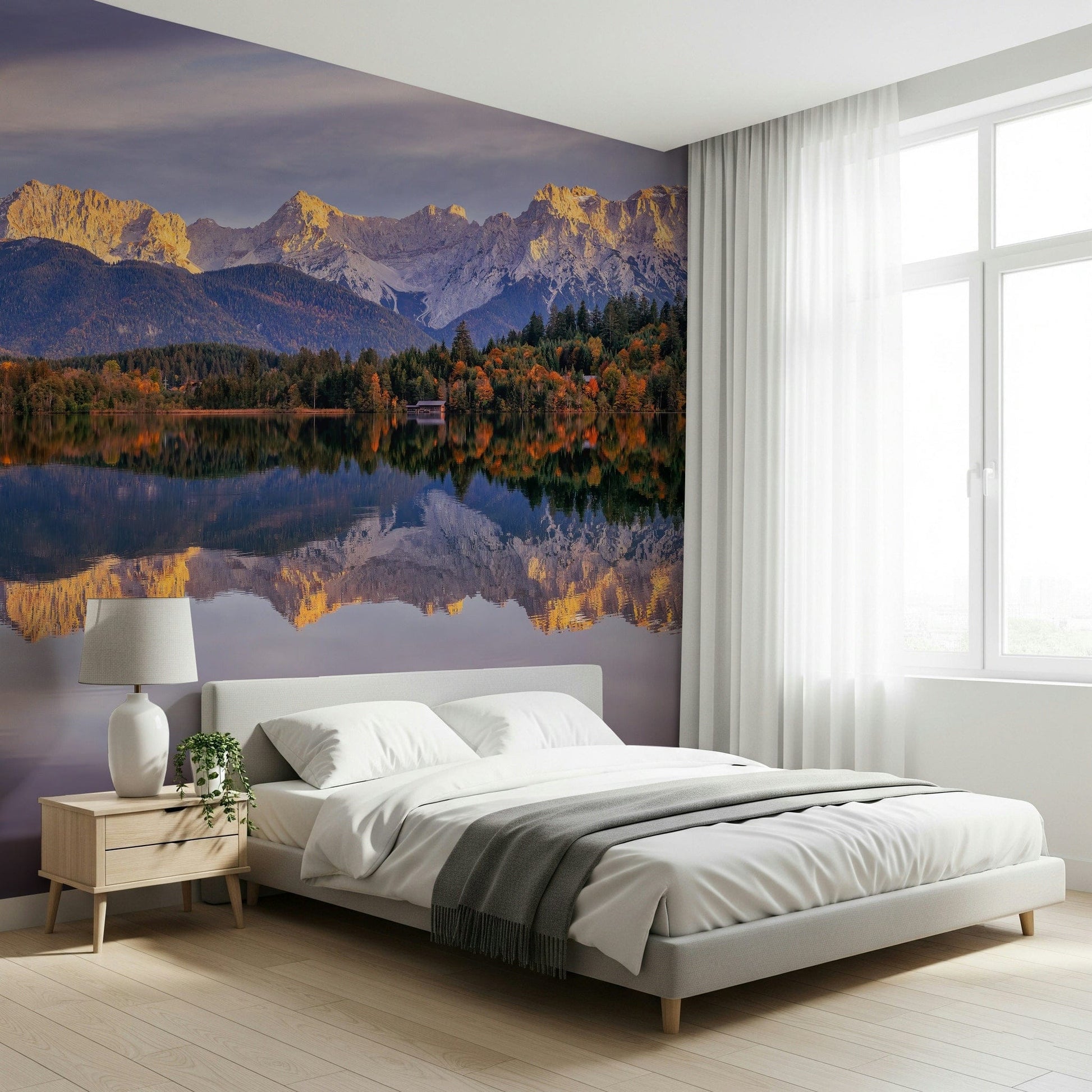 A calming serene mountain wallpaper mural that defines a space., GD5791