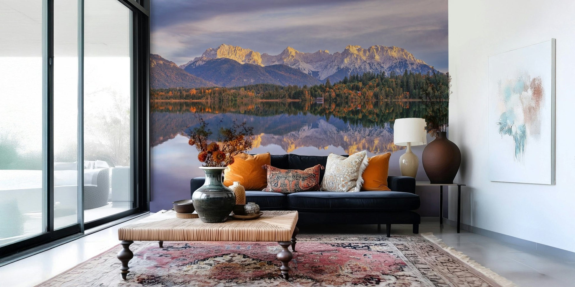 A peaceful mountain range mural on decorative wallpaper., GD5791