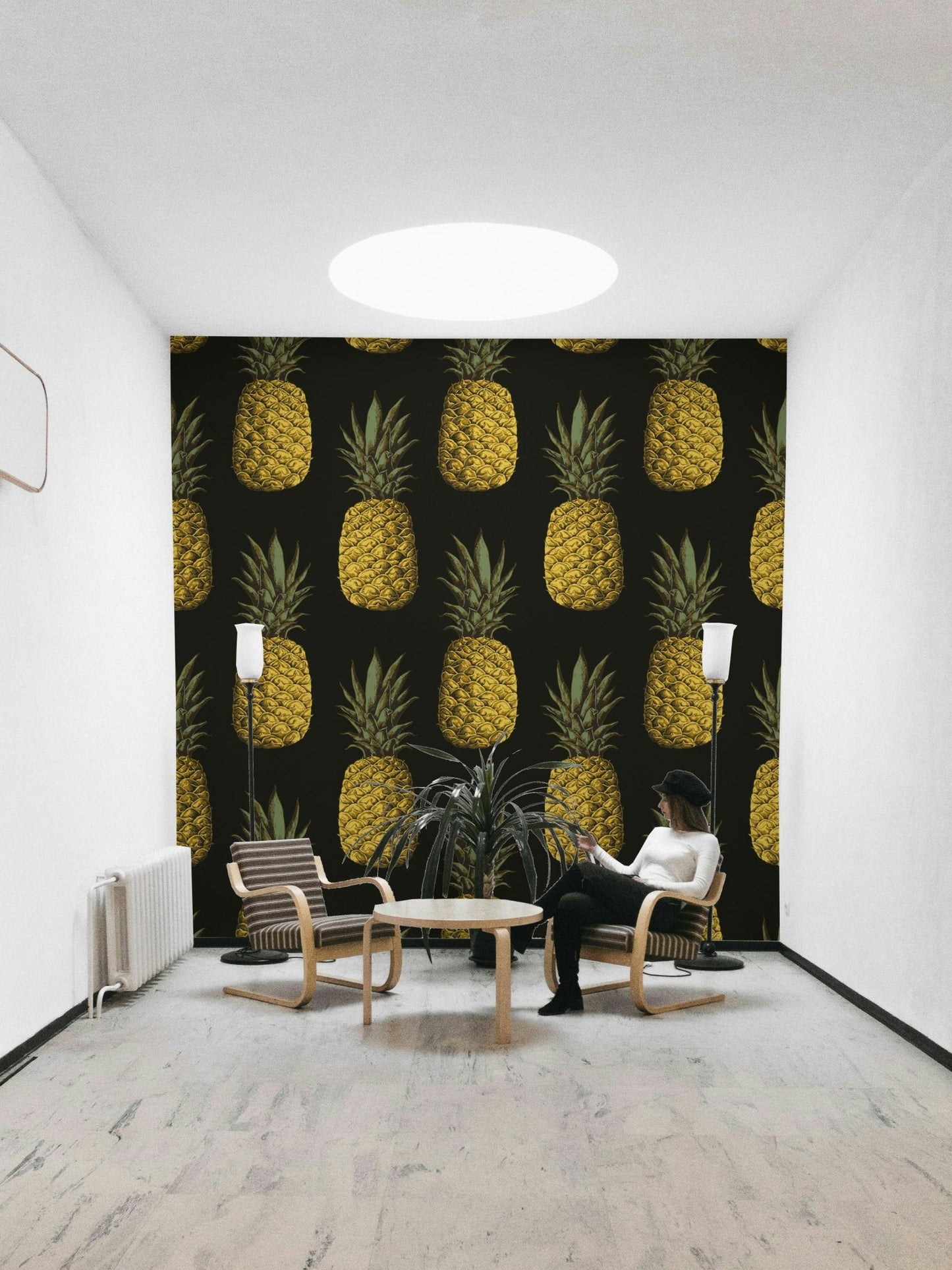 Exotic golden pineapple wallpaper for contemporary spaces

