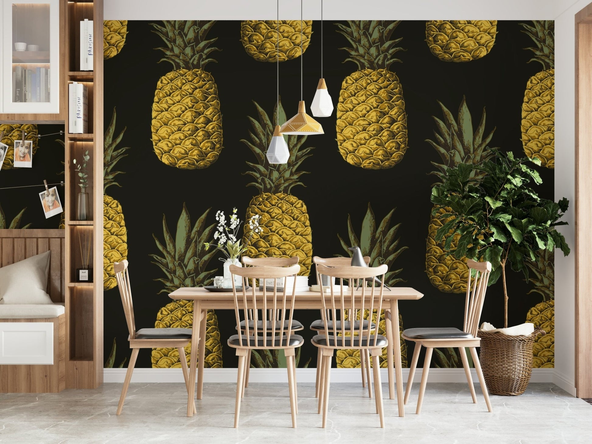 Gold pineapple print wallpaper for bright, airy rooms

