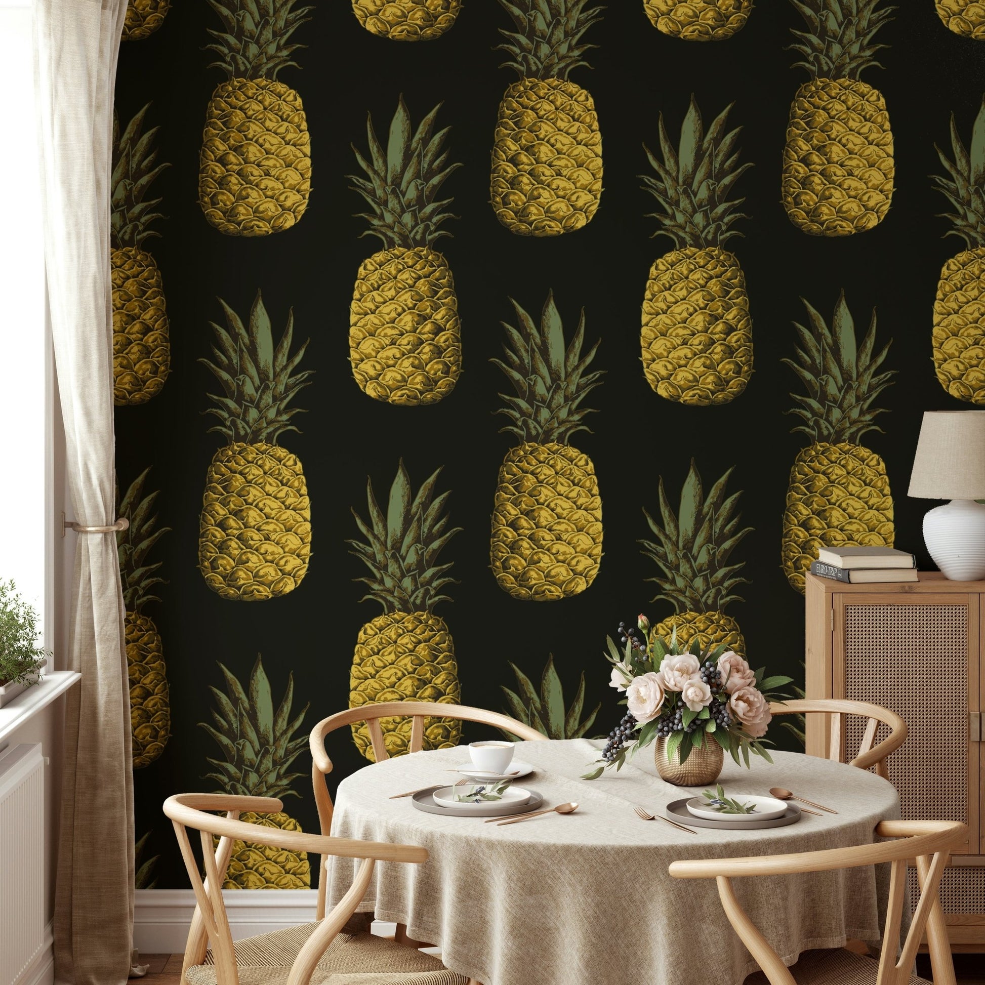 Stylish golden pineapple wall covering for living room

