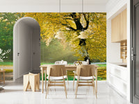 Minimalist wall mural with flowing golden dust and a warm gradient.
