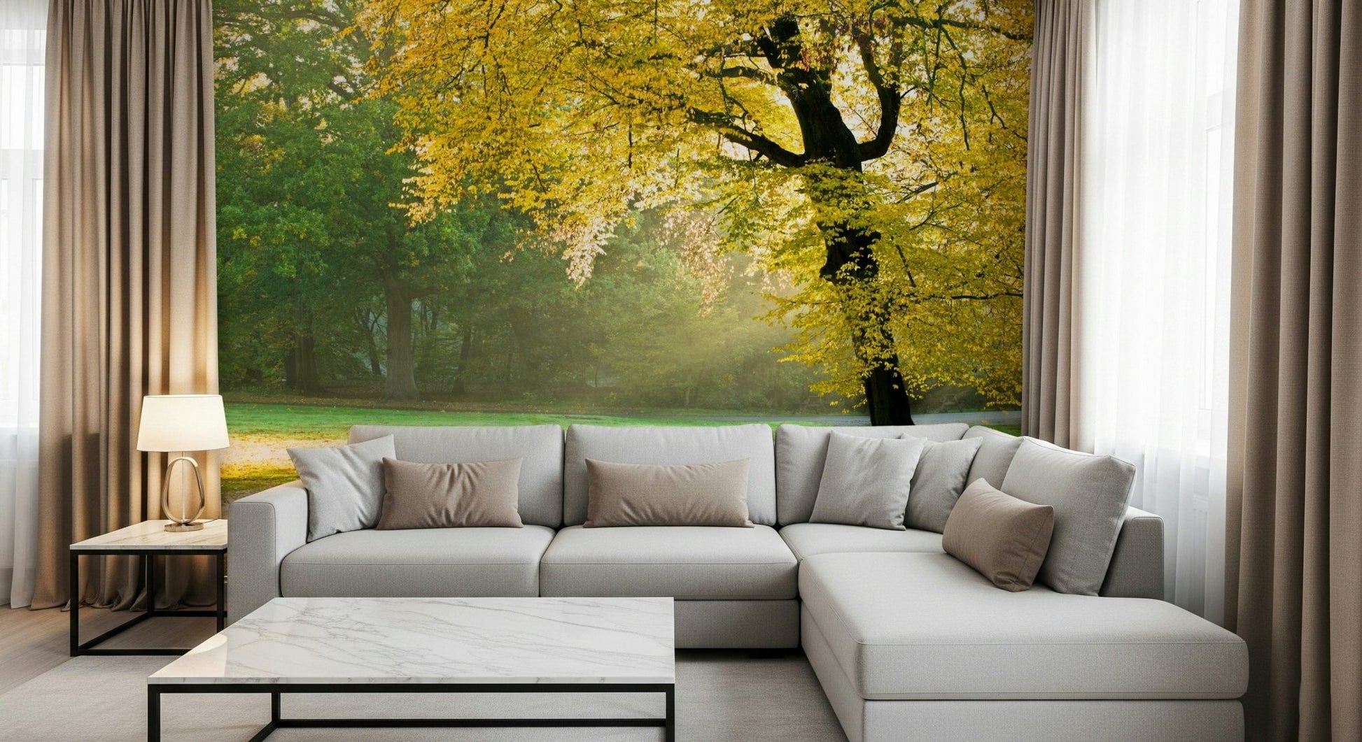 Golden Radiance wall mural with glowing light particles and amber flares.
