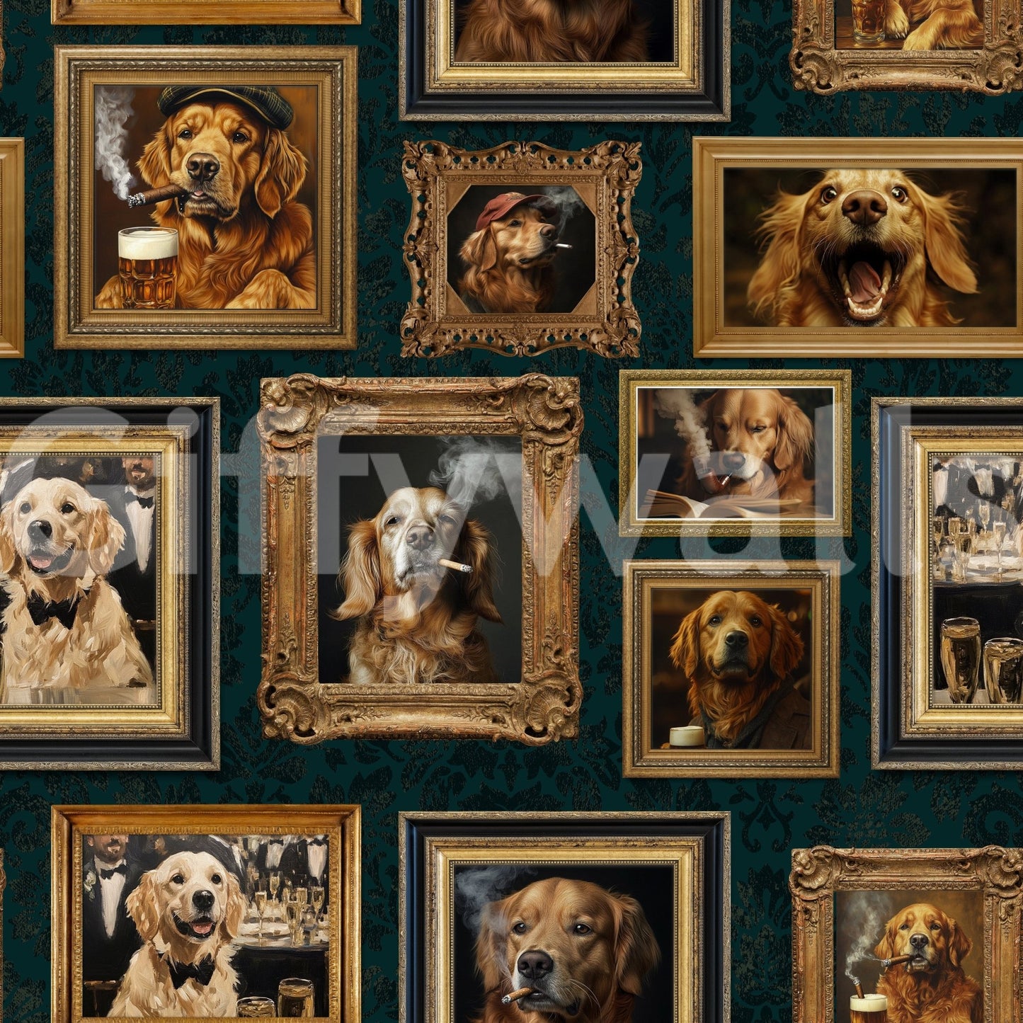 Wall decor blending classic style with a humorous canine twist.

