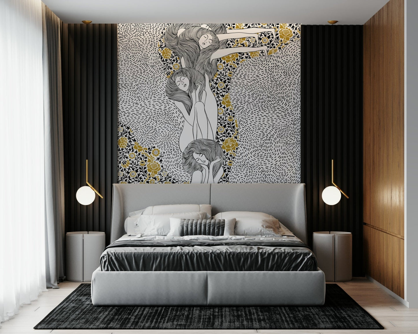 Artistic wall mural featuring golden light and shadows