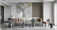 Metallic gold leaf wallpaper for a modern bedroom feature wall