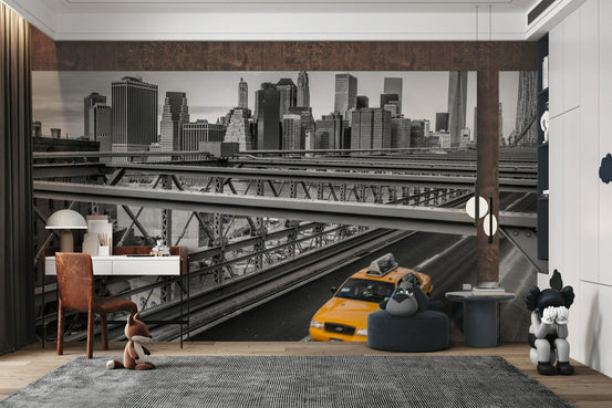 Golden Ride New York in Monochrome Wall Mural featuring iconic yellow taxis, GD2323