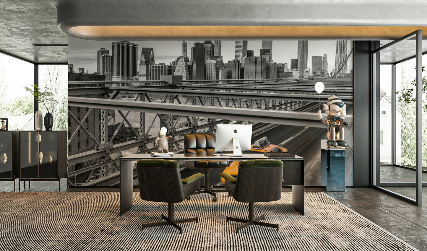 New York cityscape mural with yellow taxis standing out in the scene

