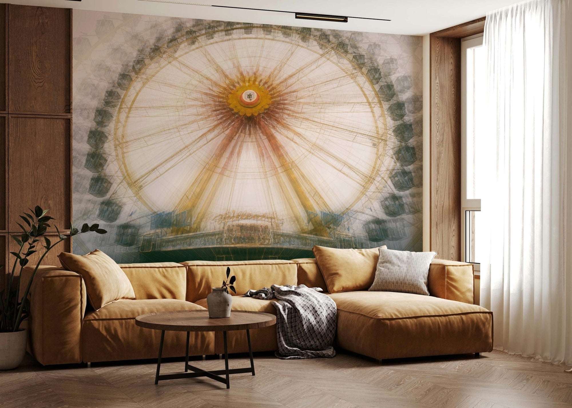 A beautiful vintage car wallpaper mural driving through a golden desert landscape., GD5916