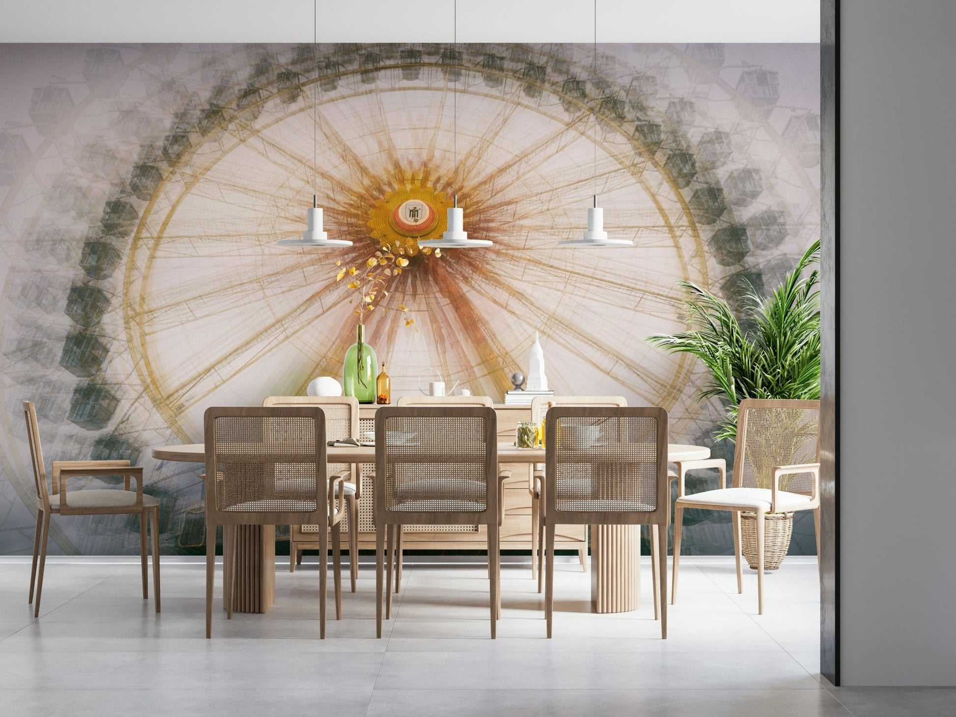 A peaceful open country mural on decorative wallpaper.