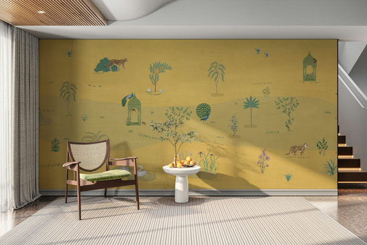 A peaceful savannah scene with friendly, stylized animals.

